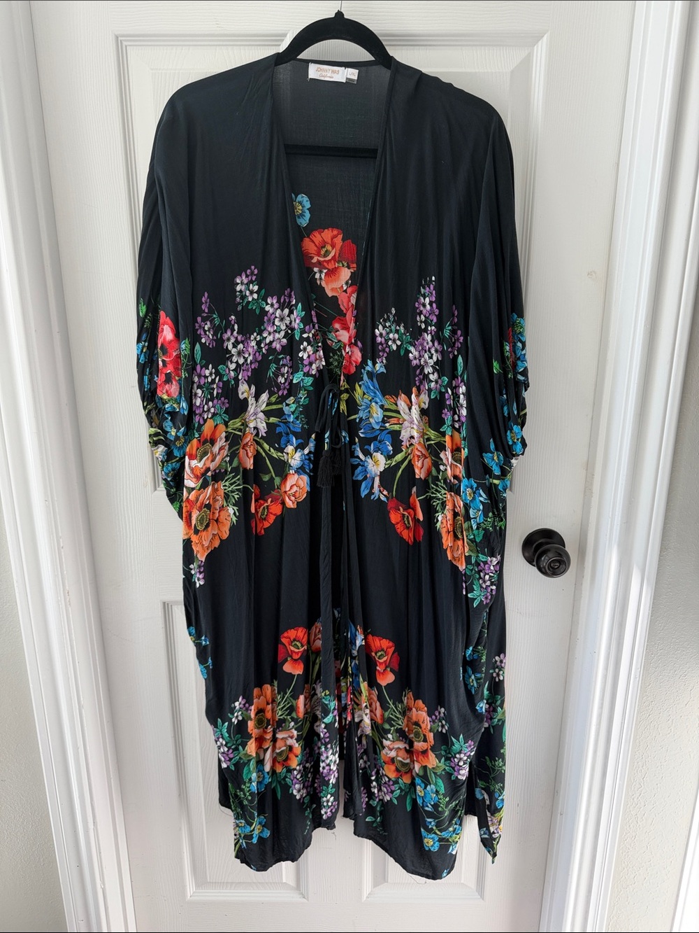 Black Floral Kimono Dress with Vibrant Multi-Color Print